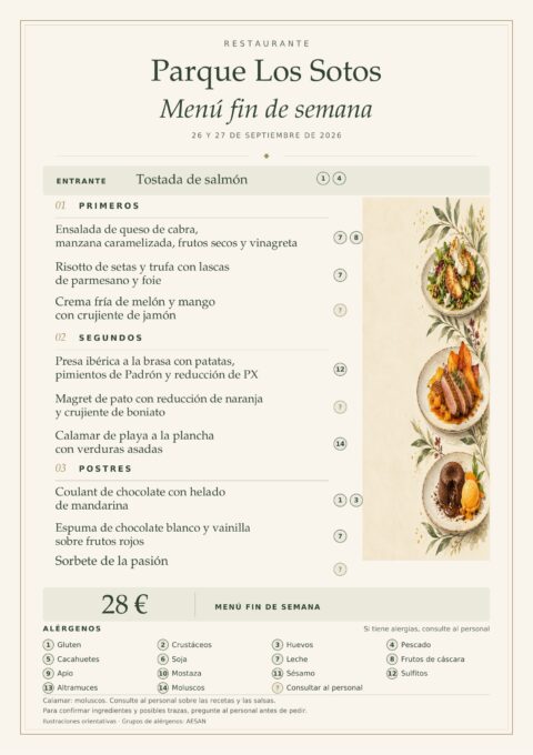 Menú de fin de semana del 26 y 27 de septiembre de 2026 en Restaurante Parque Los Sotos, Monzón. Precio: 28 €. Platos detallados debajo.