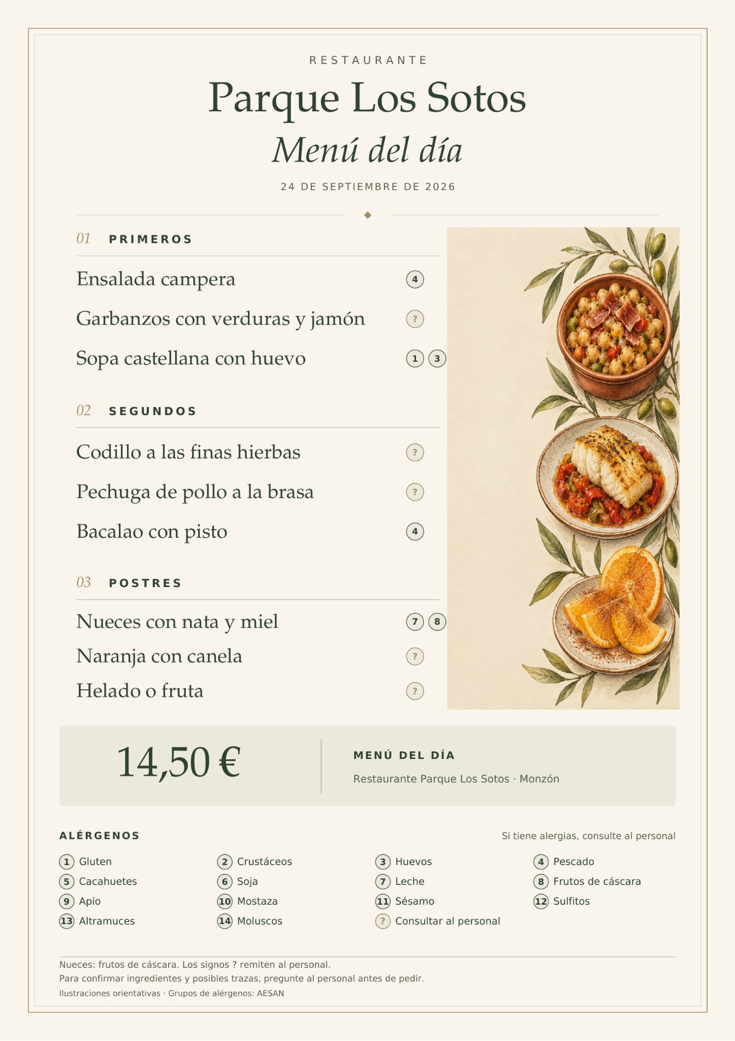 Menú del día del jueves 24 de septiembre de 2026 en Restaurante Parque Los Sotos, Monzón. Precio: 14,50 €. Platos detallados debajo.