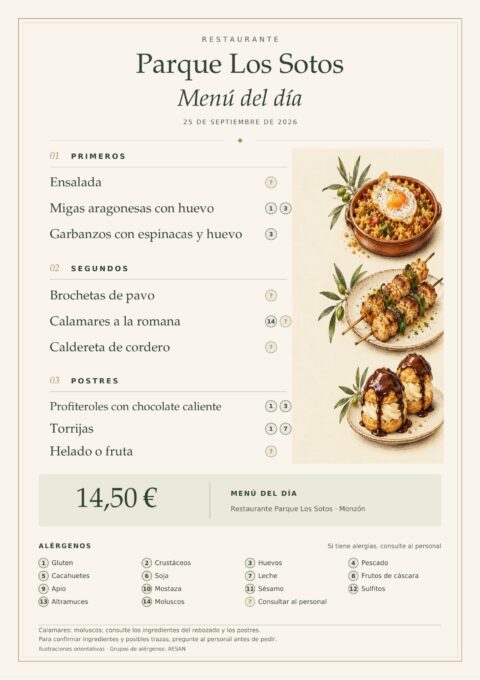 Menú del día del viernes 25 de septiembre de 2026 en Restaurante Parque Los Sotos, Monzón. Precio: 14,50 €. Platos detallados debajo.