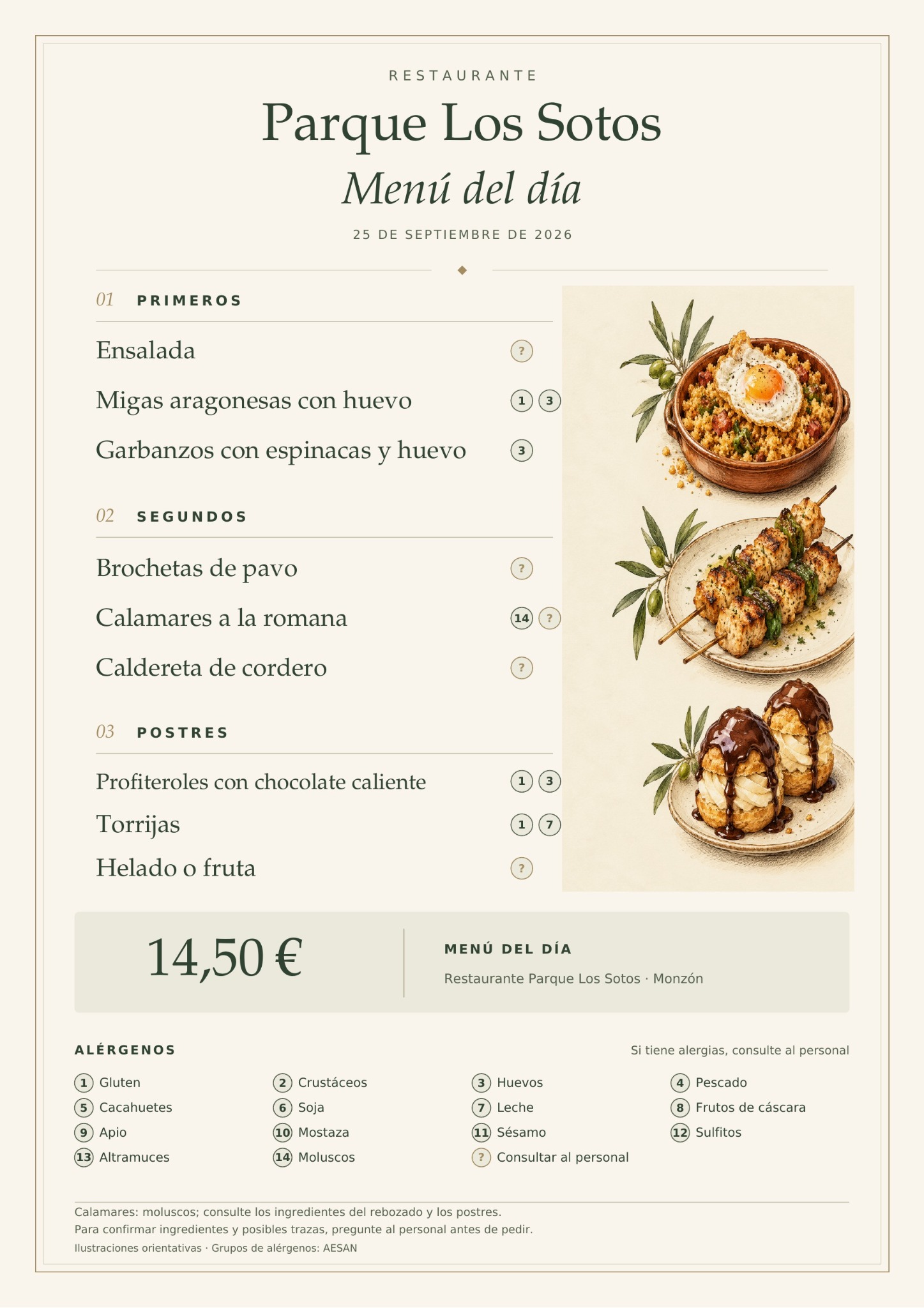 Menú del día del viernes 25 de septiembre de 2026 en Restaurante Parque Los Sotos, Monzón. Precio: 14,50 €. Platos detallados debajo.