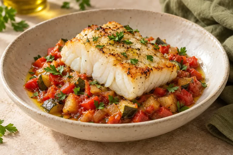 Bacalao sobre pisto de verduras, servido en un plato claro. Imagen ilustrativa.