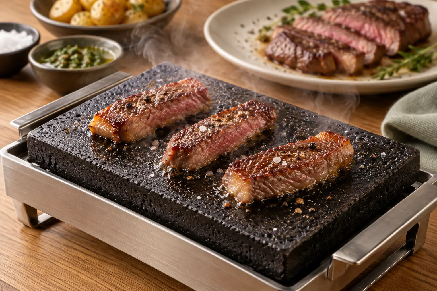 Porciones de carne cocinándose sobre una piedra caliente con soporte metálico. Imagen ilustrativa.