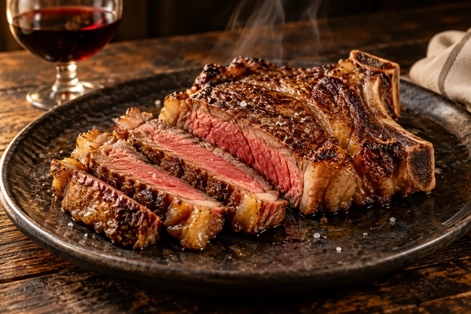 Chuletón dorado con varias porciones cortadas sobre un plato oscuro. Imagen ilustrativa.