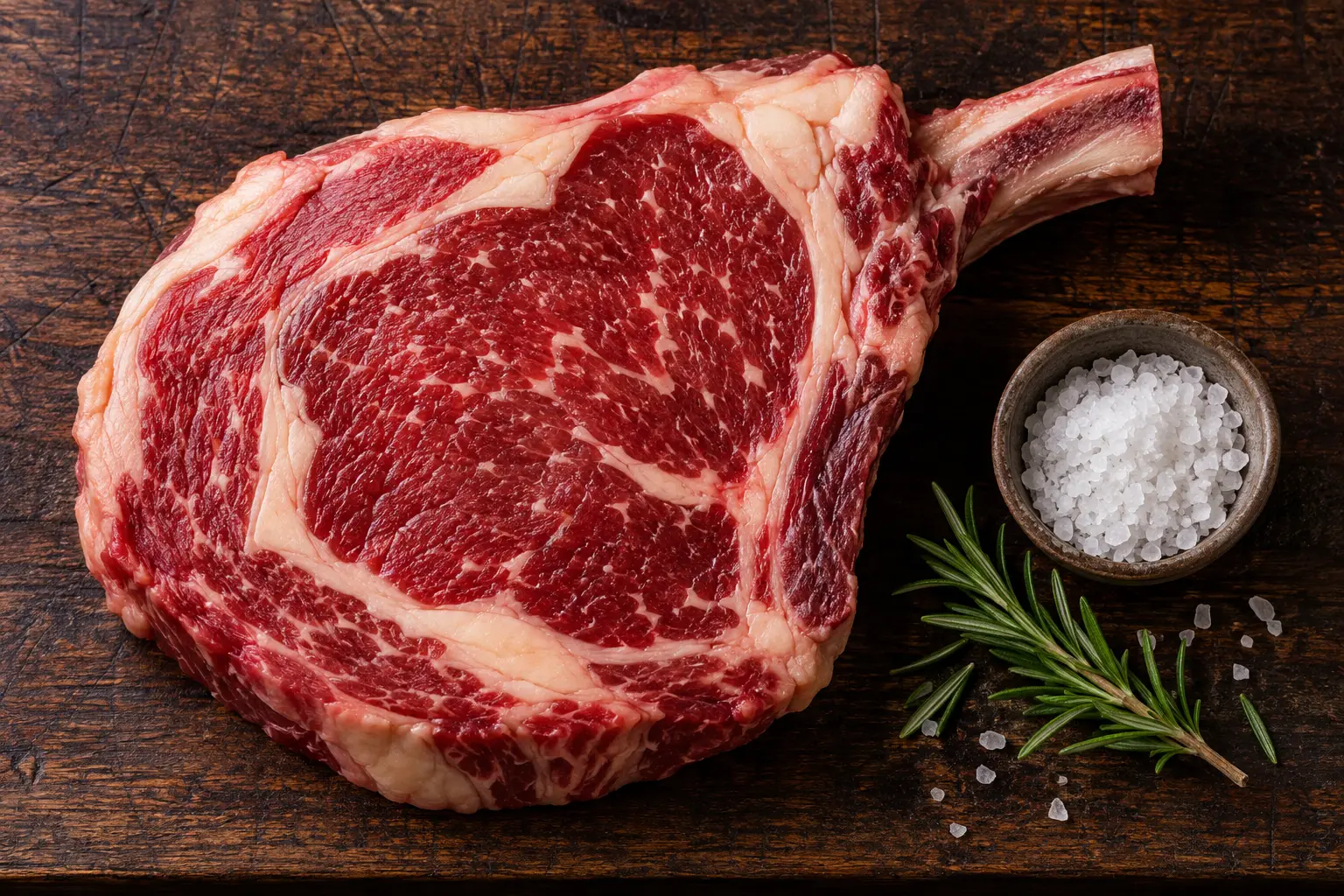 Pieza de chuletón de vacuno con hueso sobre una tabla de madera. Imagen ilustrativa.