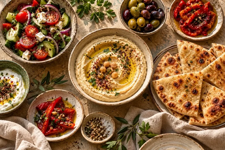 Hummus, pan, aceitunas y ensalada en una mesa para compartir. Imagen ilustrativa.