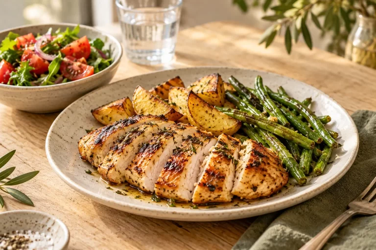 Pollo a la plancha con patatas, judías verdes y una ensalada aparte. Imagen ilustrativa.