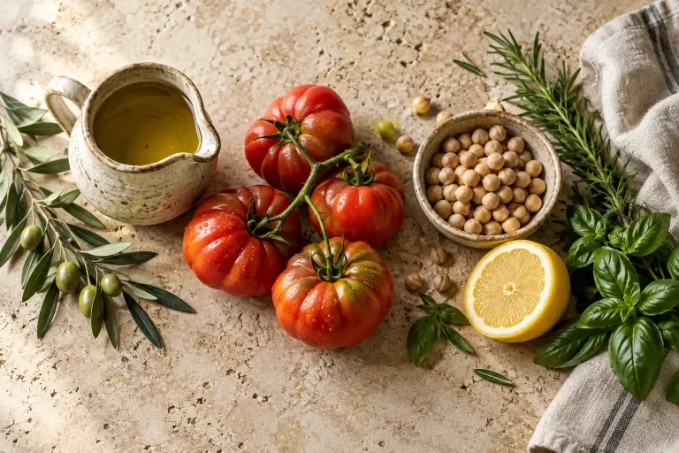 Aceite de oliva, tomates, garbanzos, limón y hierbas aromáticas. Imagen ilustrativa.