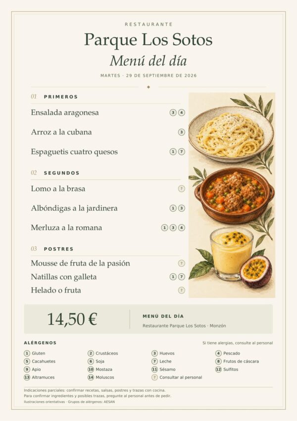 Menú del día del martes 29 de septiembre de 2026 en Restaurante Parque Los Sotos, Monzón. Precio: 14,50 €. Platos detallados debajo.