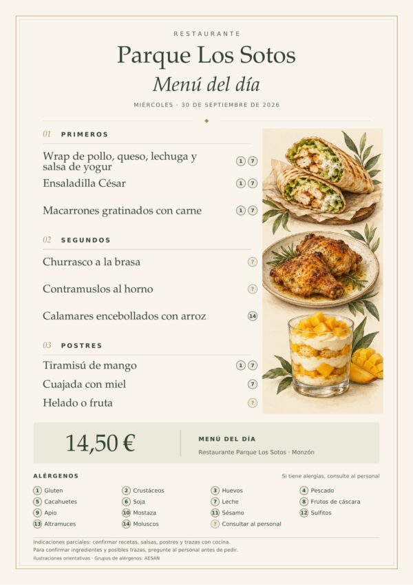 Menú del día del miércoles 30 de septiembre de 2026 en Restaurante Parque Los Sotos, Monzón. Precio: 14,50 €. Platos detallados debajo.