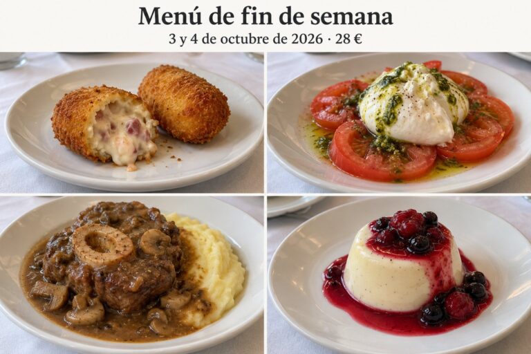 Menú de fin de semana del 3 y 4 de octubre de 2026 por 28 €: croqueta de jamón, burrata, osobuco con parmentier y panna cotta.