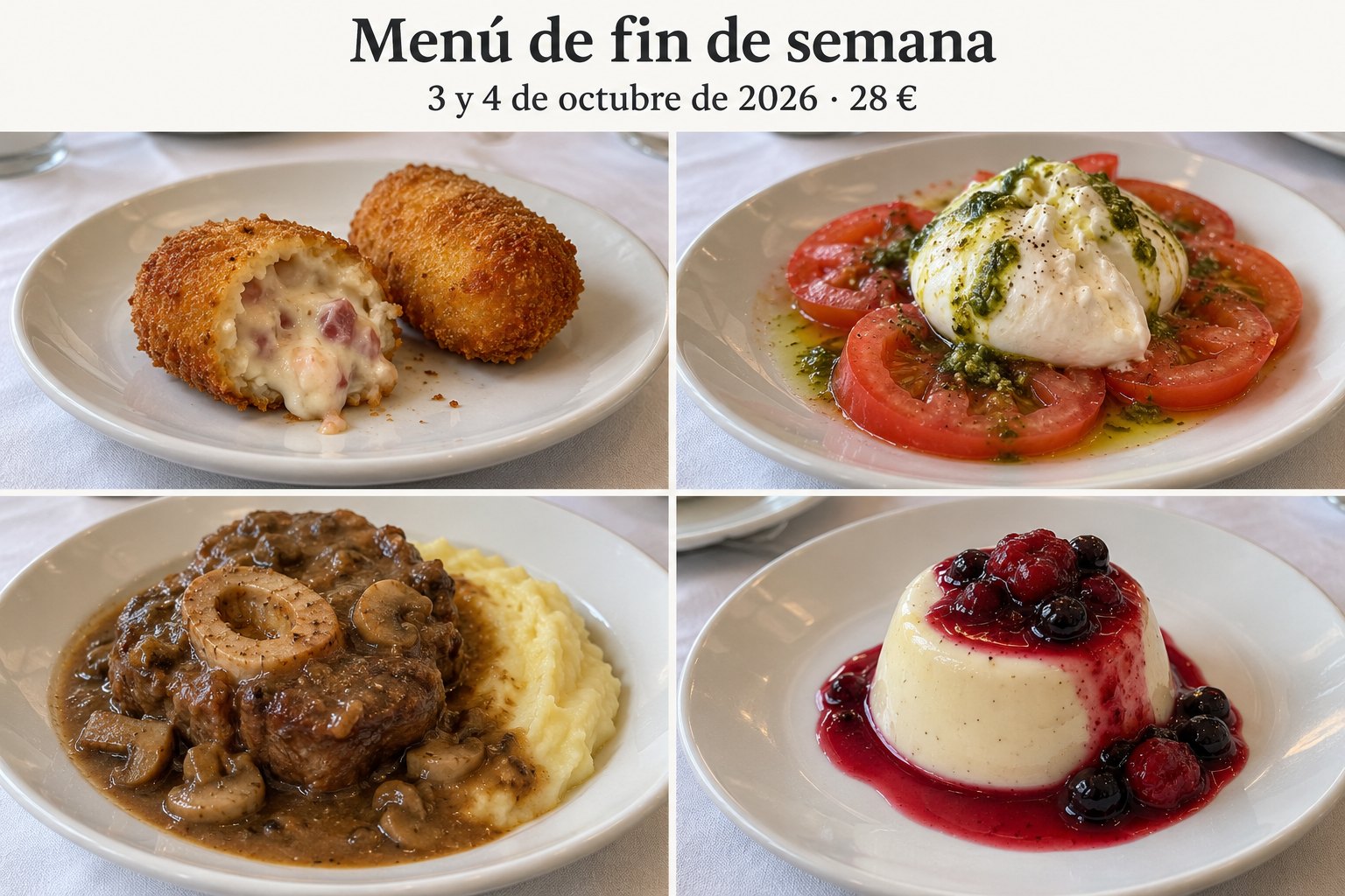 Menú de fin de semana del 3 y 4 de octubre de 2026 por 28 €: croqueta de jamón, burrata, osobuco con parmentier y panna cotta.