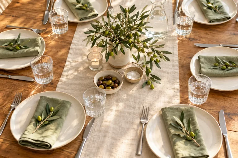 Mesa preparada para una comida de grupo, con vajilla clara y servilletas verdes. Imagen ilustrativa.