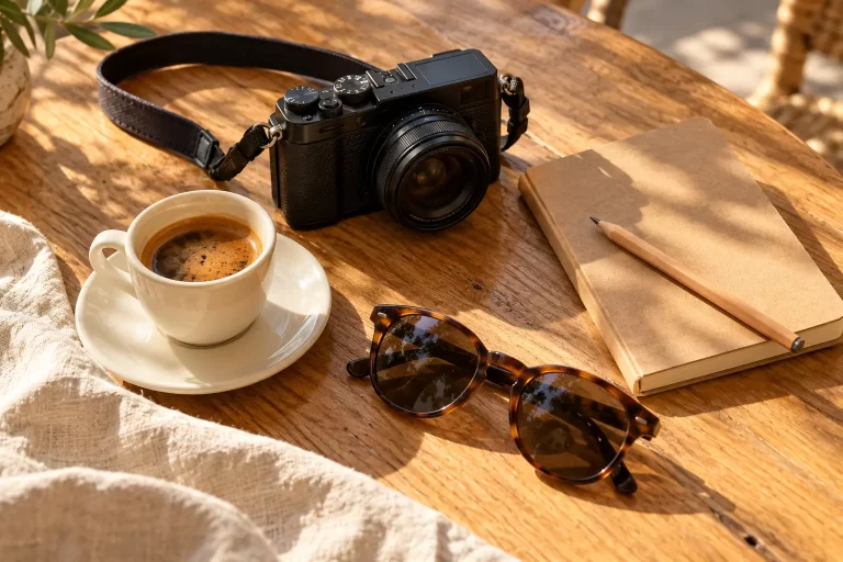Café, cámara y cuaderno durante una pausa de viaje. Imagen ilustrativa.