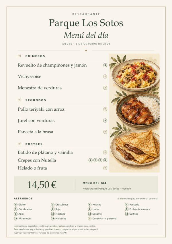 Menú del día del jueves 1 de octubre de 2026 en Restaurante Parque Los Sotos, Monzón. Precio: 14,50 €. Platos detallados debajo.