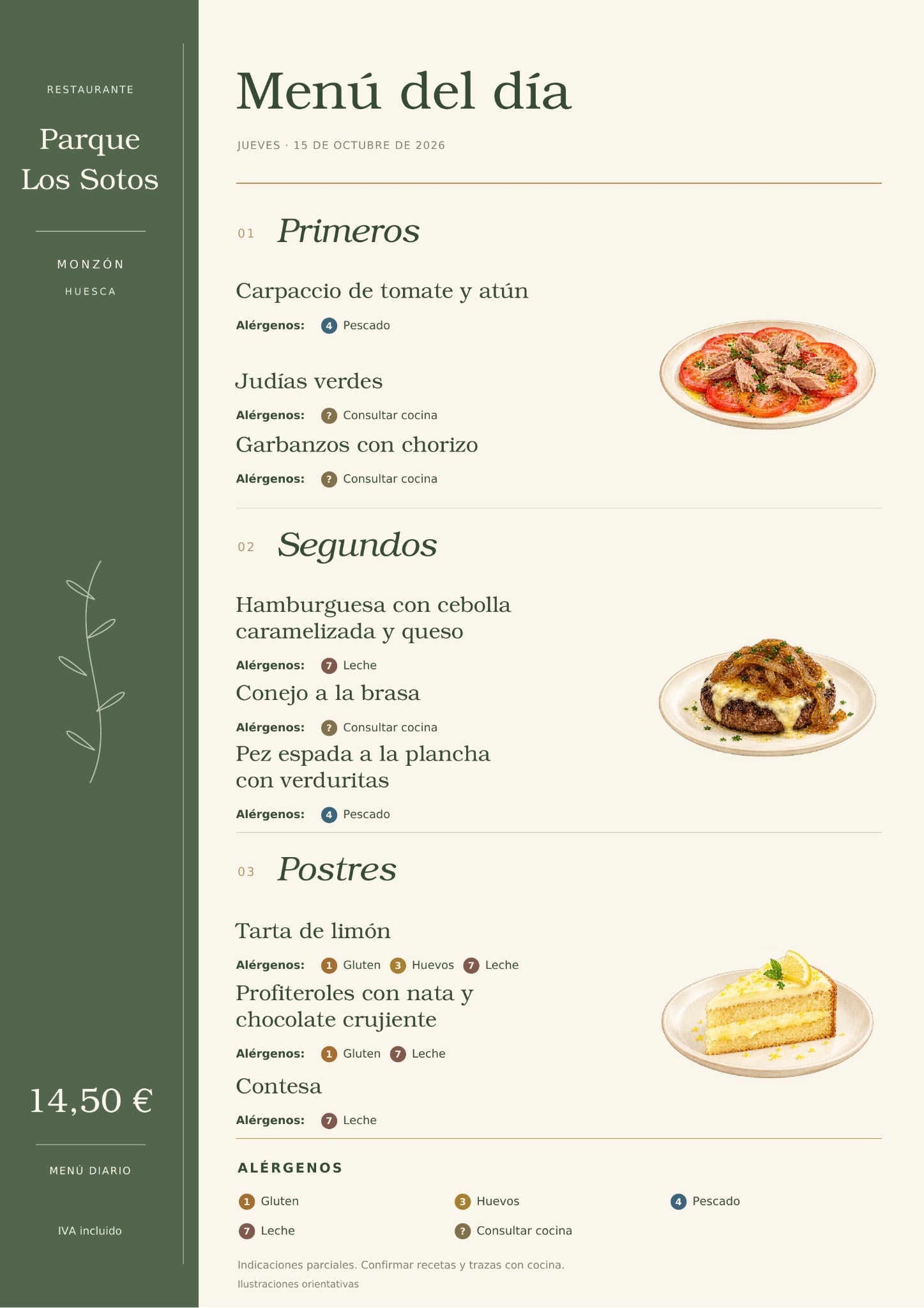 Menú del día del jueves 15 de octubre de 2026 en Restaurante Parque Los Sotos, Monzón. Precio: 14,50 € IVA incluido. Platos y alérgenos detallados debajo.