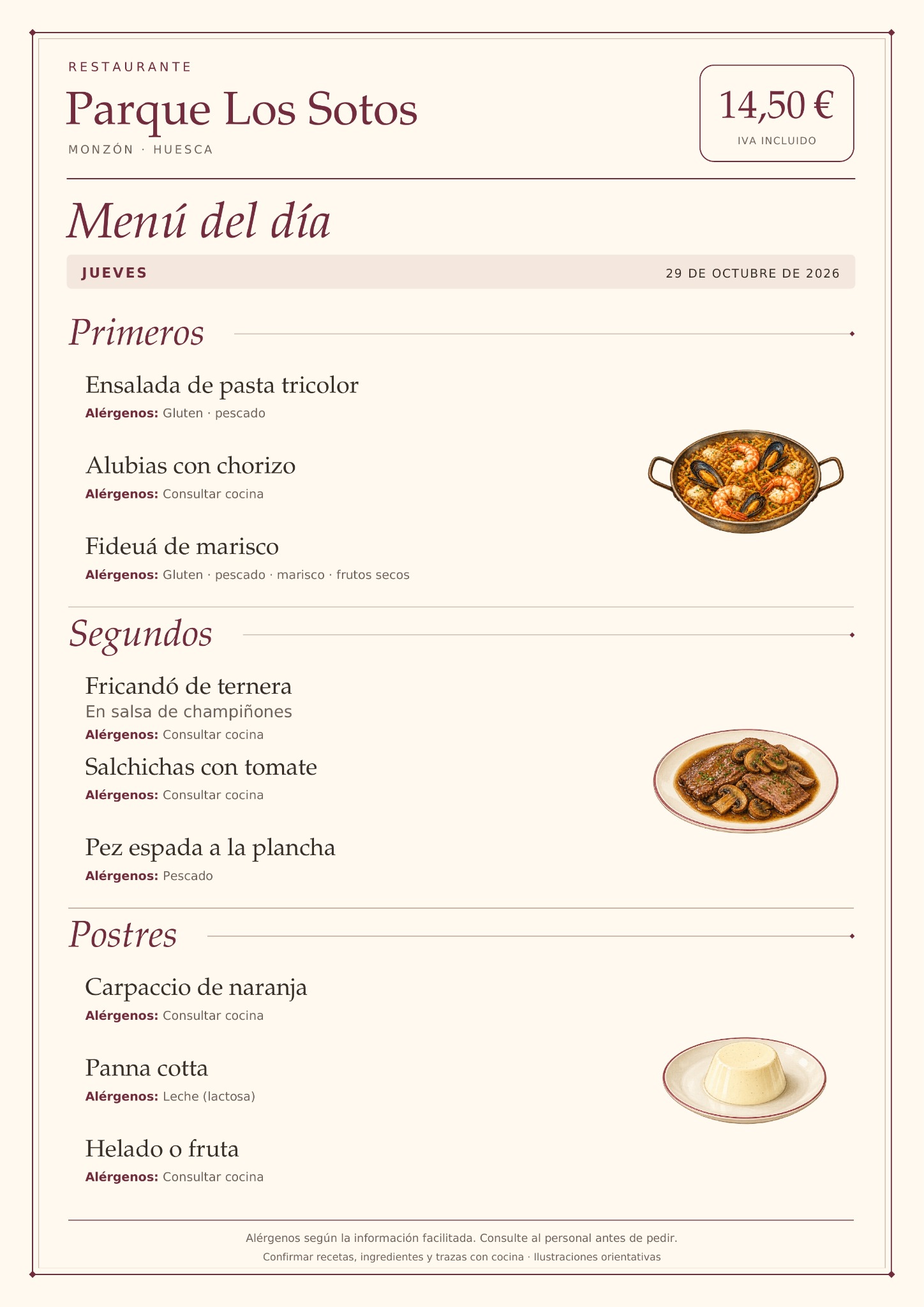 Menú del día del jueves 29 de octubre de 2026 en Restaurante Parque Los Sotos, Monzón. Precio: 14,50 € IVA incluido. Platos y alérgenos detallados debajo.