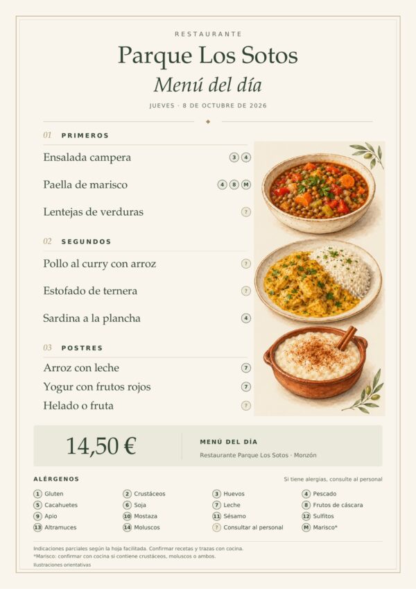 Menú del día del jueves 8 de octubre de 2026 en Restaurante Parque Los Sotos, Monzón. Precio: 14,50 €. Platos detallados debajo.
