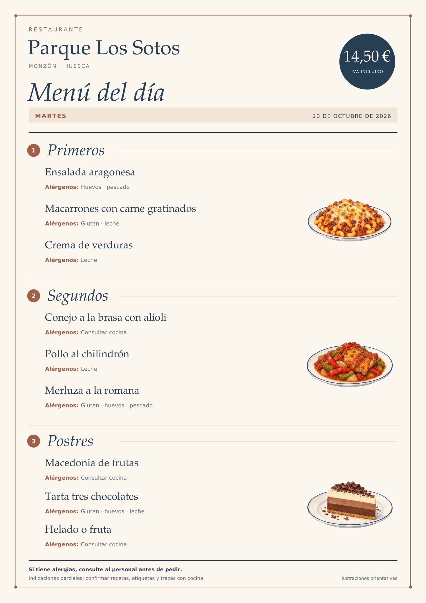 Menú del día del martes 20 de octubre de 2026 en Restaurante Parque Los Sotos, Monzón. Precio: 14,50 € IVA incluido. Platos y alérgenos detallados debajo.