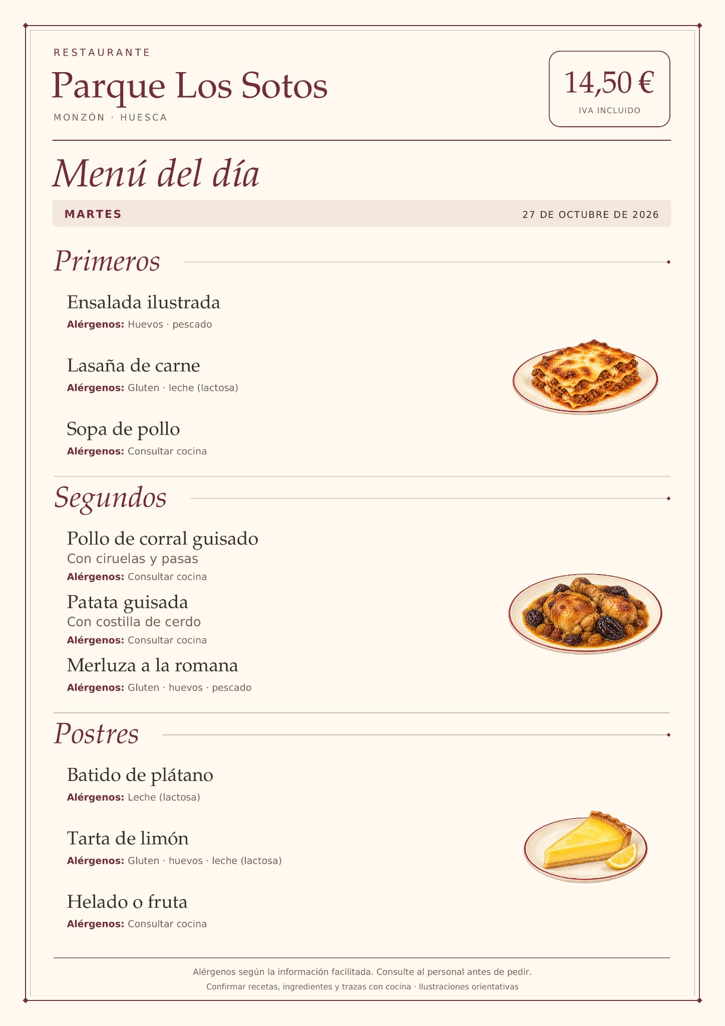 Menú del día del martes 27 de octubre de 2026 en Restaurante Parque Los Sotos, Monzón. Precio: 14,50 € IVA incluido. Platos y alérgenos detallados debajo.