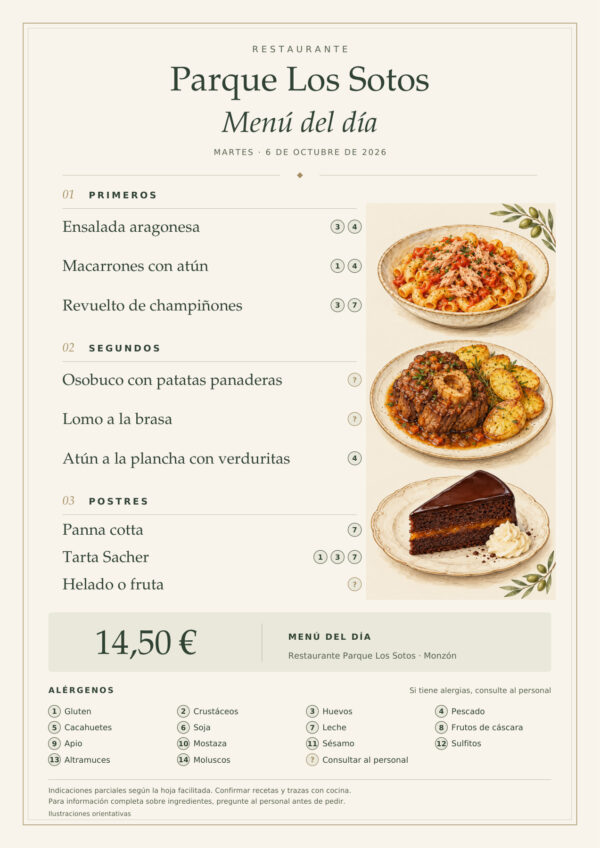 Menú del día del martes 6 de octubre de 2026 en Restaurante Parque Los Sotos, Monzón. Precio: 14,50 €. Platos detallados debajo.