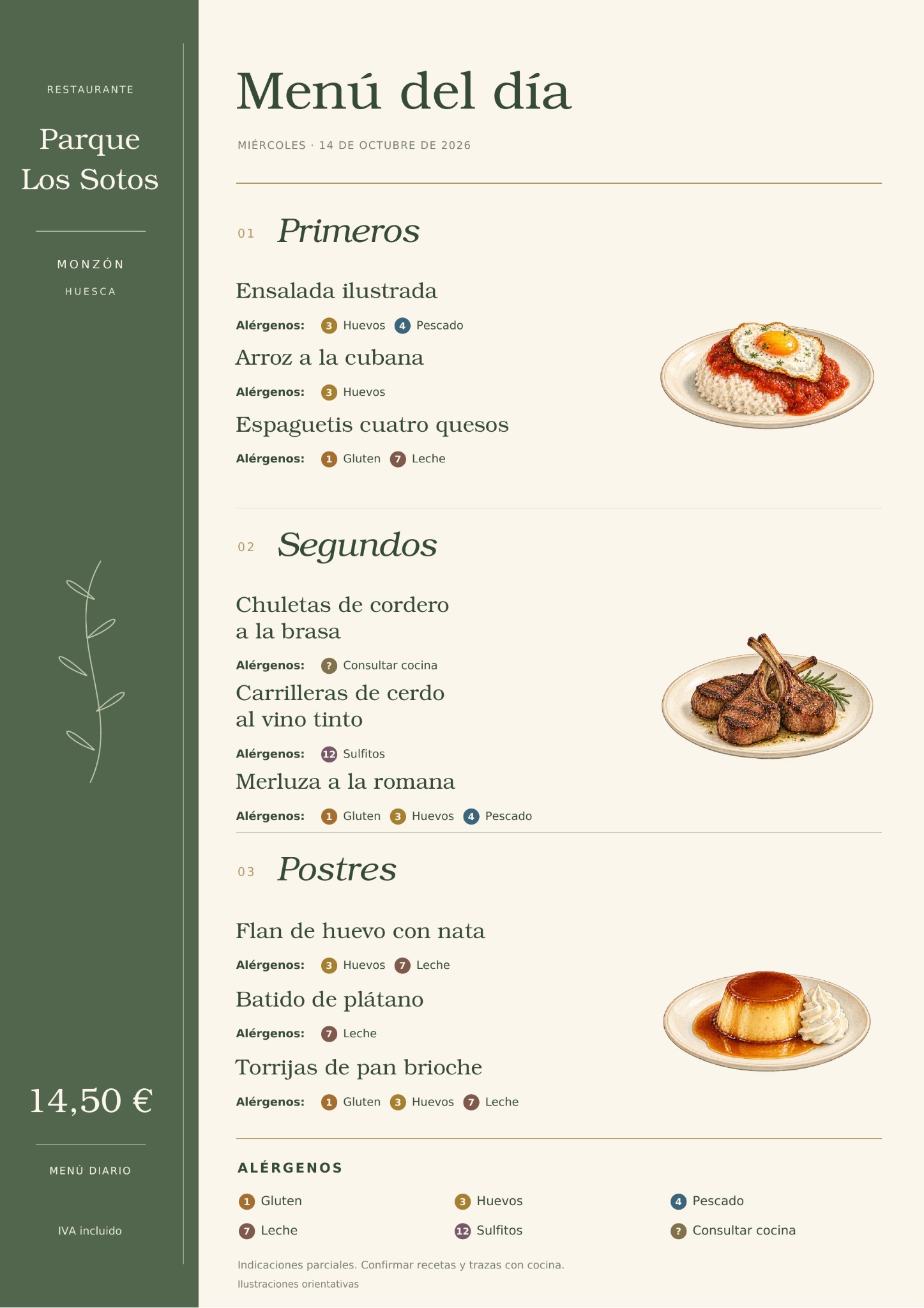 Menú del día del miércoles 14 de octubre de 2026 en Restaurante Parque Los Sotos, Monzón. Precio: 14,50 € IVA incluido. Platos y alérgenos detallados debajo.