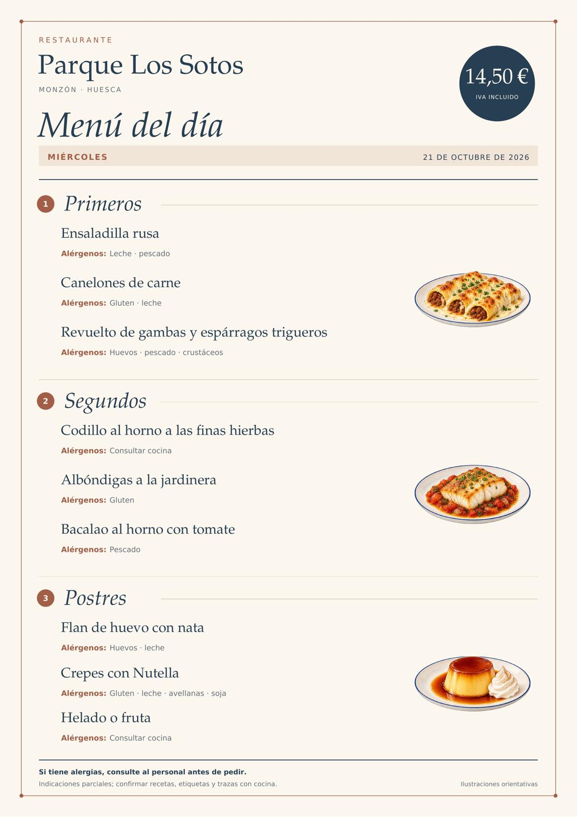Menú del día del miércoles 21 de octubre de 2026 en Restaurante Parque Los Sotos, Monzón. Precio: 14,50 € IVA incluido. Platos y alérgenos detallados debajo.