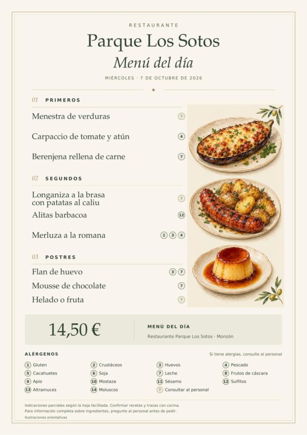 Menú del día del miércoles 7 de octubre de 2026 en Restaurante Parque Los Sotos, Monzón. Precio: 14,50 €. Platos detallados debajo.