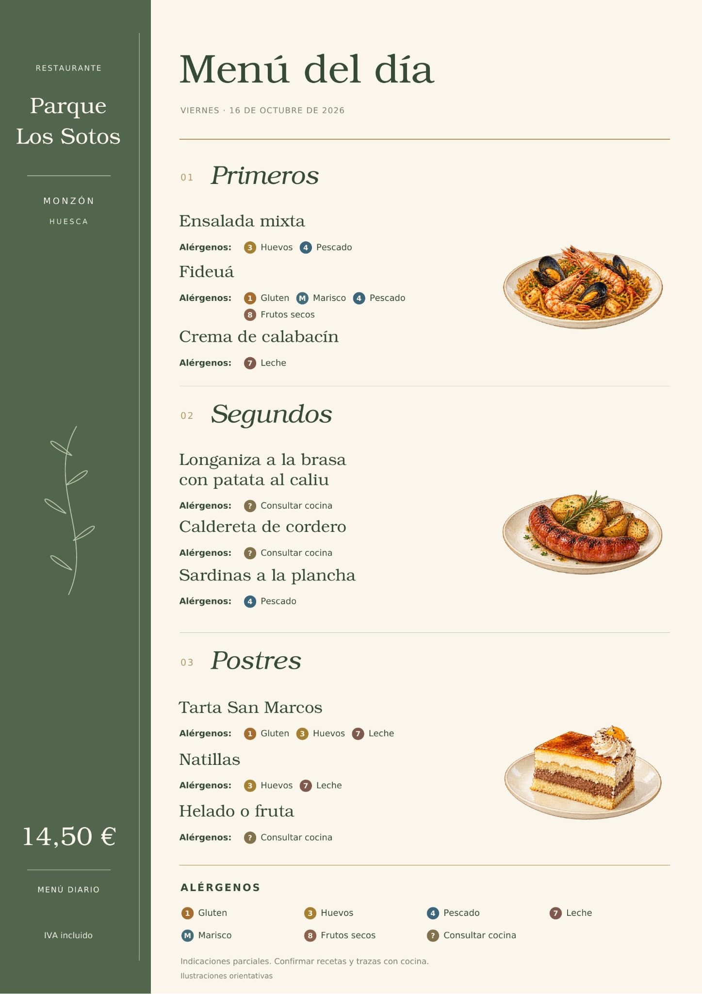 Menú del día del viernes 16 de octubre de 2026 en Restaurante Parque Los Sotos, Monzón. Precio: 14,50 € IVA incluido. Platos y alérgenos detallados debajo.