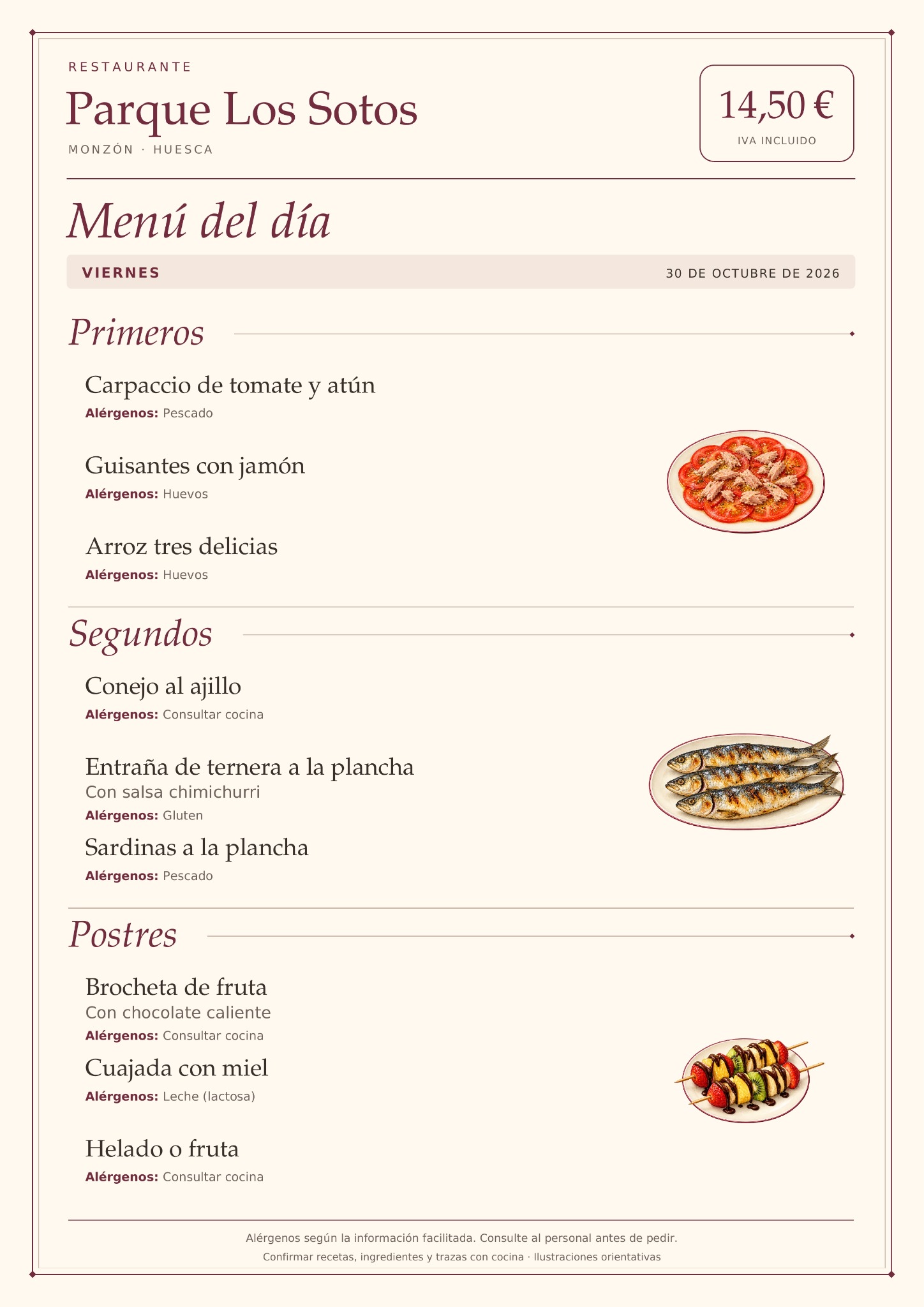 Menú del día del viernes 30 de octubre de 2026 en Restaurante Parque Los Sotos, Monzón. Precio: 14,50 € IVA incluido. Platos y alérgenos detallados debajo.