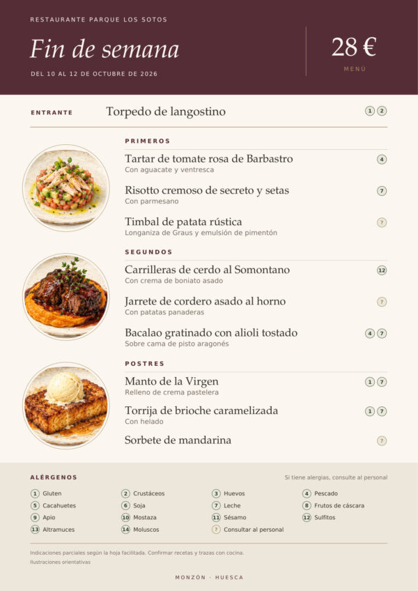Menú de fin de semana del 10 al 12 de octubre de 2026 en Restaurante Parque Los Sotos, Monzón. Precio: 28 €. Platos detallados debajo.