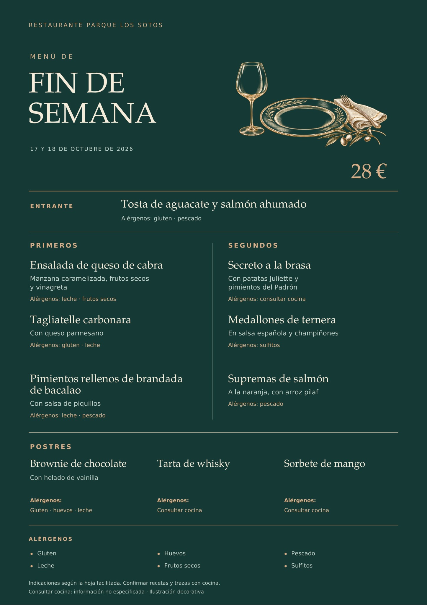 Menú de fin de semana del 17 y 18 de octubre de 2026 en Restaurante Parque Los Sotos, Monzón. Precio: 28 €. Platos y alérgenos detallados debajo.