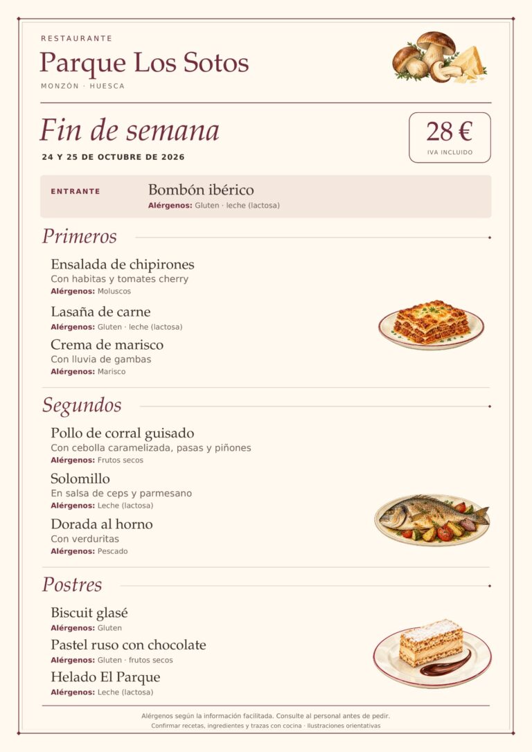 Menú de fin de semana del 24 y 25 de octubre de 2026 en Restaurante Parque Los Sotos, Monzón. Precio: 28 € IVA incluido. Platos y alérgenos detallados debajo.