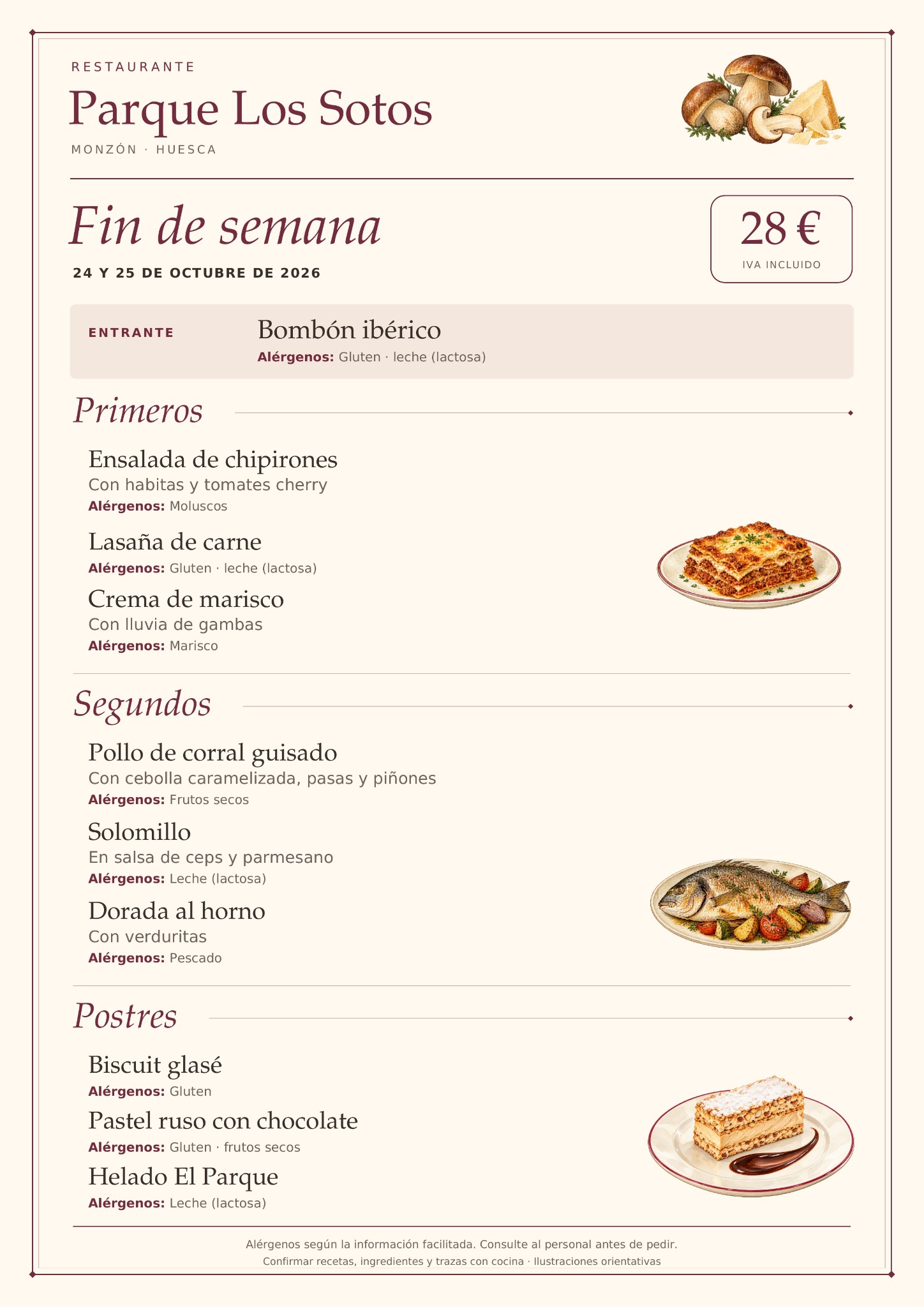 Menú de fin de semana del 24 y 25 de octubre de 2026 en Restaurante Parque Los Sotos, Monzón. Precio: 28 € IVA incluido. Platos y alérgenos detallados debajo.